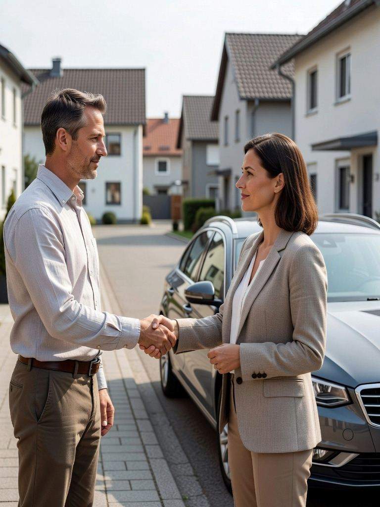seriöser und geprüfter Autoankäufer mitten beim Vertragsabschluss in einer Wohngegend in Telgte